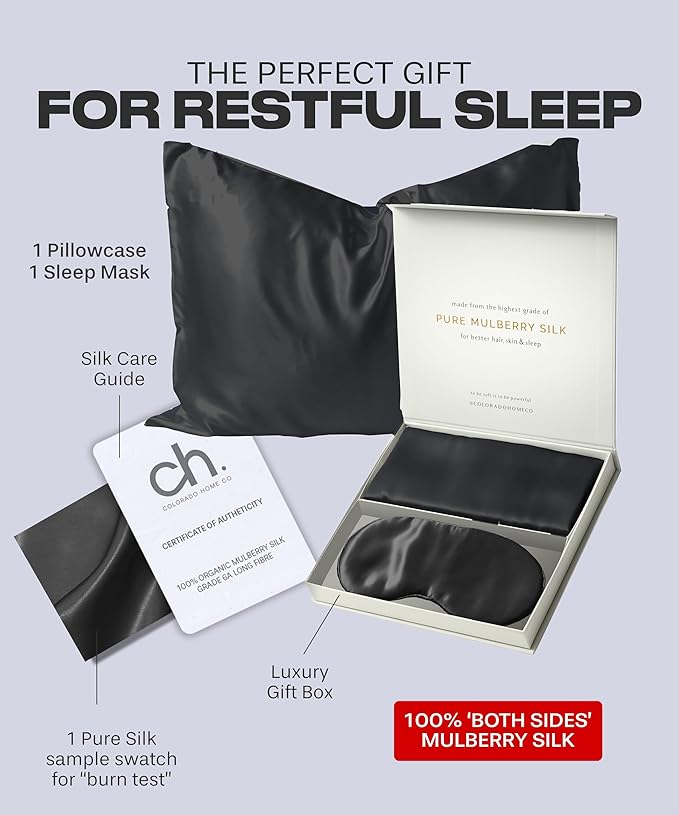 Colorado Home Co Silk Pillowcase for Hair and Skin - Black Queen Size 100% Silk Pillow Covers - 20x30 - Pillow Case for Acne with Eye Mask for Sleeping - Bloomnest