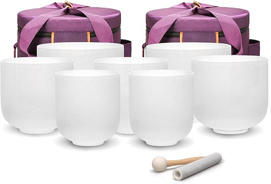 TOPFUND 440 Hz Chakra Set of 7 Crystal Singing Bowls 6-10 inch with Heavy Duty Carrying Cases and Singing Bowl Mallets - Bloomnest