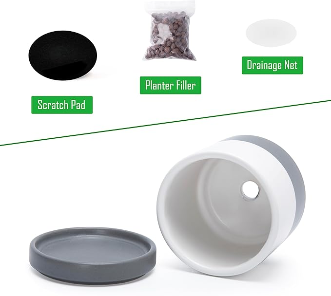 D'vine Dev 3.5 Inch & 4.7 Inch Ceramic Planter Pots for Plants with Drainage Hole and Saucer, X-Small Plant Pots Set, White/Speckled Grey, 94-G-XS-6 - Bloomnest