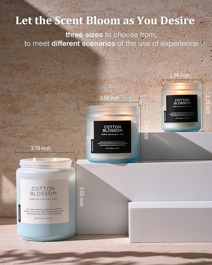 M&SENSE Clean Cotton Scented Candle - 19.4oz Natural Soy Wax Clean Cotton Blossom Scent Non Toxic Candle, 110-Hour Slow Burning 2-Wick Aromatherapy Home Fragrance Gifts for Home Decor - Bloomnest