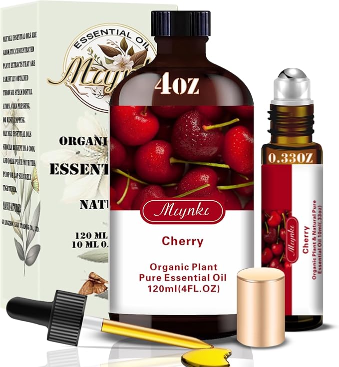 Cherry Essential Oil, Roll-on Cherry Oil Sets (4 Fl Oz + 0.33 Fl Oz) - 100% Natural, Diffuser, Massage, Yoga, DIY Soap and Candle Making - Home Fragrance, Fragrance Oils, Gifts, Spa Care - Bloomnest