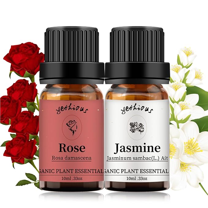 yethious Rose Essential Oil Jasmine Essential Oil for Diffuser, Hair, Skin, Body, Face, Perfume, Soap, Candle Making Rose Fragrance Oil Set Jasmine Oil Organic 2 X 10ML - Bloomnest
