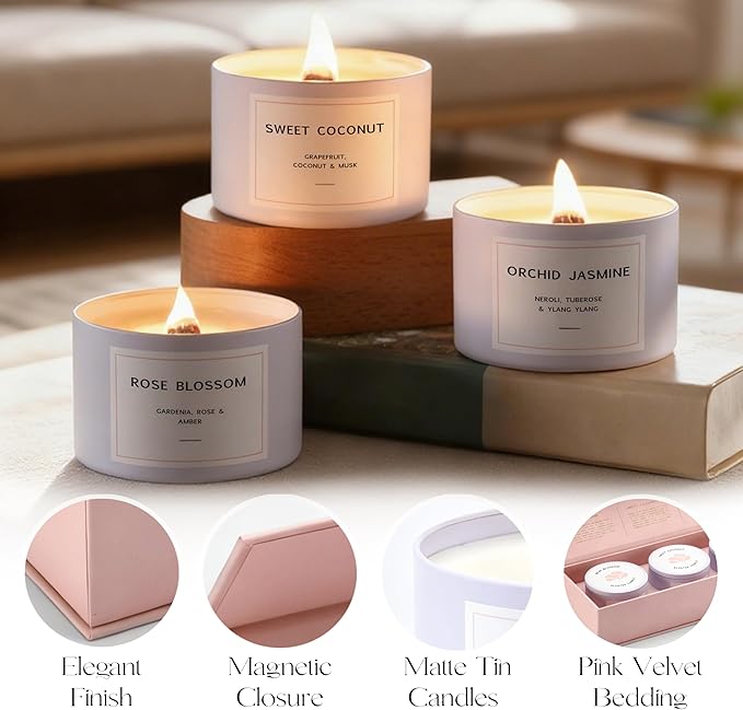 Luxury Candle Gift Set for Women – Luxury Candle Box with 3 Scented Soy Candles in Pink Box – Birthday, Housewarming, Valentine’s & Galentine’s Gift - Bloomnest