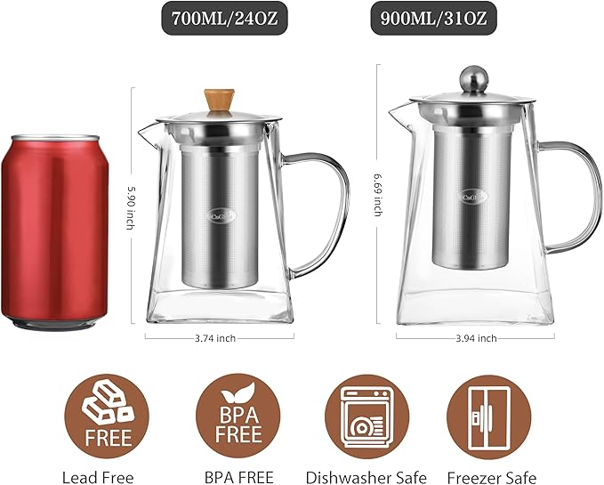 CNGLASS Glass Teapot with Infuser,24oz Clear Glass Tea Kettle with Removable Stainless Steel Strainer,Stovetop Safe Glass Teapot for Blooming and Loose Leaf Tea… - Bloomnest
