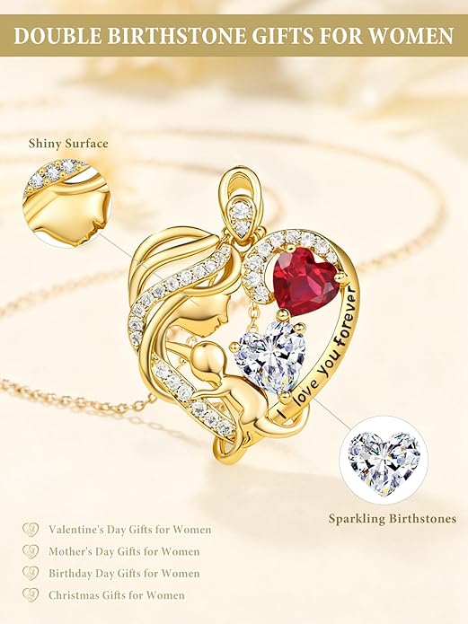 14K Gold Double Birthstone Heart Necklace for Women Mom, Mother Son/Daughter Pendant Necklace for Christmas Mother's Day Birthday Gifts for Wife Daughter Grandmom - Bloomnest