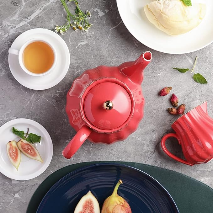 Sweejar Royal Teapot, Ceramic Tea Pot with Removable Stainless Steel Infuser, Blooming & Loose Leaf Teapot - 28 Ounce(Red) - Bloomnest