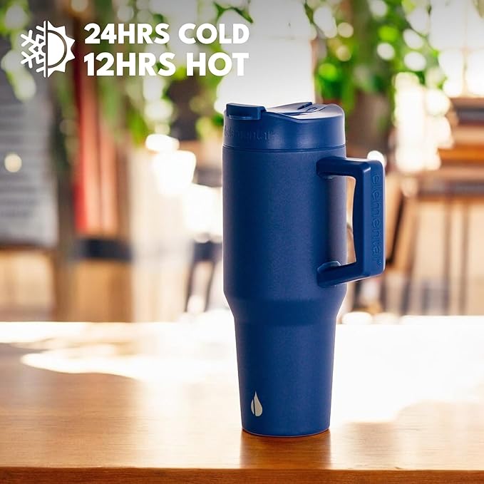 Elemental 32 oz 100% Leak Proof Tumbler with Handle & Straw - Stainless Steel Double Wall Insulated Tumbler for Hot and Cold Beverages - Travel Coffee Mug with Sip & Straw Lid - Navy - Bloomnest