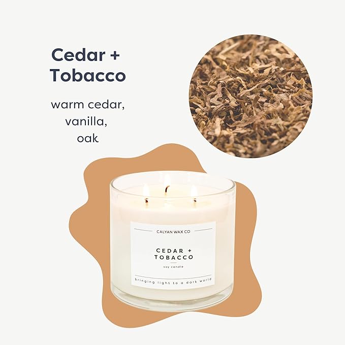 Calyan Wax Co. Cedar & Tobacco 3 Wick Scented Candle - 43 Hour Burn - Luxury 3 Wick Soy Candles - Non Toxic Soy Wax Candles - Long Lasting Large Glass Jar Candle for Home - 14.9oz - Bloomnest
