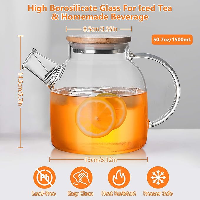 Glass Tea Pot Kettles Stovetop Safe, 50.7oz/1500mL Heatproof Borosilicate Glass Teapot Water Pitcher With Bamboo Lid and Removable Filter Spout for Loose Leaf and Blooming Tea - Bloomnest