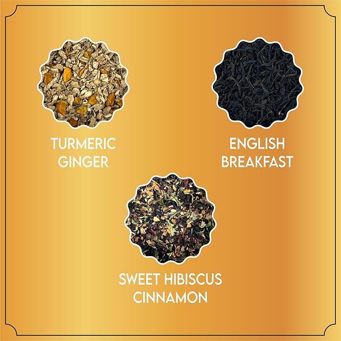 Tea Leaf & Co. Joyful 3 Pack Premium Tea Git Combo Box - Contains Sweet Hibiscus, English Breakfast Black & Turmeric Ginger Herbal Teas - Perfect for Premium Gifting (3Oz) - Bloomnest