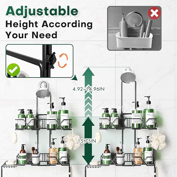 Stainless Steel Hanging Shower Caddy for Handheld Shower Heads,Adjustable Height Extra Long Bathroom Shower Organizer Hanger Rack with Hooks,Soap Holder - Bloomnest