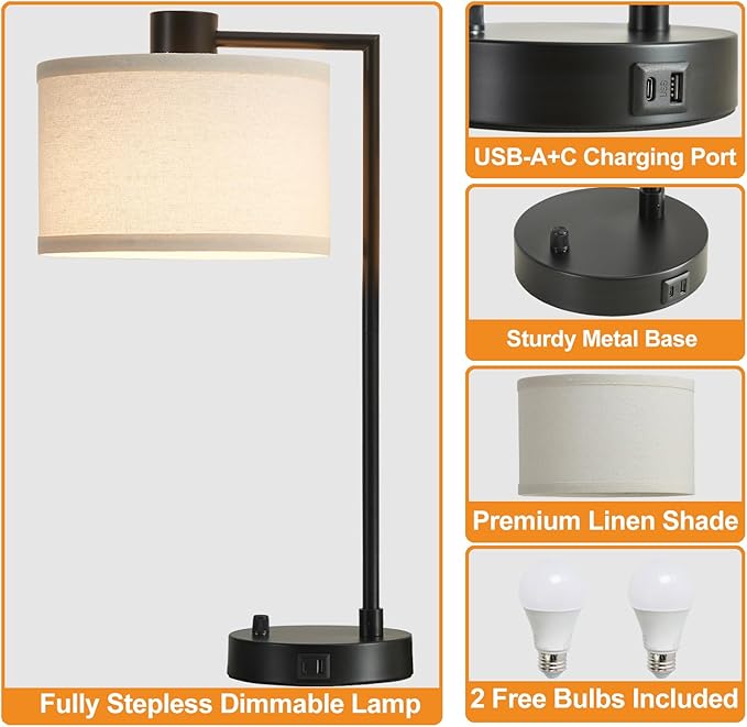 Luvkczc Table Lamp for Bedroom Set of 2 with USB C+A Ports, Fully Stepless Dimmable Bedside Lamp with Linen Lampshade, Contemporary Lamp for Living Room Reading Office, 2 LED Bulbs Included (Black) - Bloomnest