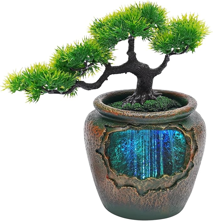 Gdrasuya10 Tabletop Rockery Fountain Indoor Waterfall Bonsai Desktop Mini Rockery Water Fountain with Automatic Pump and LED Light, Home Office Bedroom Humidifier Desk Decorate