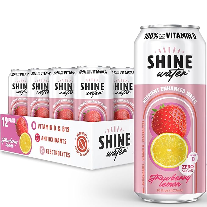 Shine Water Strawberry Lemon Vitamin D Electrolyte Drinks 12-Pack, Sugar Free Flavored Water with Magnesium, Zinc & Antioxidants, Low Calorie Hydration Beverage, Plant-Based Vitamin Water Zero Sugar - Bloomnest