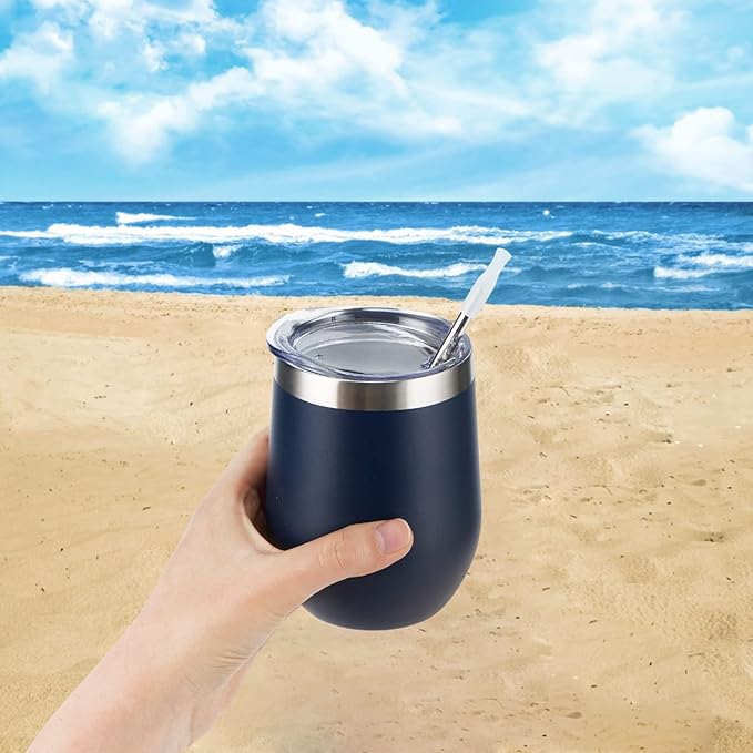 Lifecapido 4 Pack 12Oz Stainless Steel Stemless Wine Glasses, Insulated Wine Tumbler, Stainless Steel Wine Tumbler Cups with Lids and Straws for Coffee, Cocktails, Wine, Champaign, Navy Blue - Bloomnest