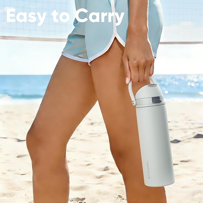 Insulated Water Bottle with Straw - Encool Stainless Steel Water Bottle with Push Button Lid, Leak-Proof & BPA-Free, Keeps Cold for 24 Hours for Sports, Travel, Gym (32 oz, Silver Grey) ENCOOL