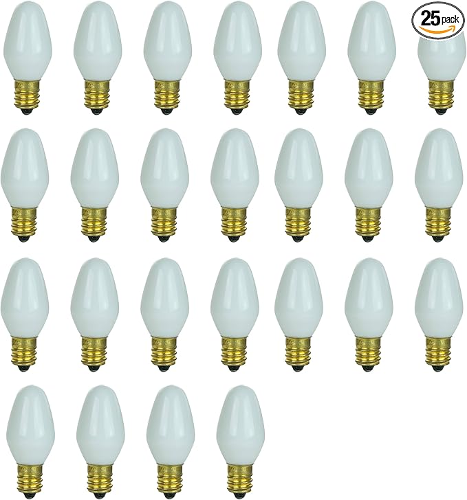 Sunlite 01285 7C7 Incandescent Bulb, 7 Watt, Candelabra E12 Base, C7 Small Night Light, Colored Bulb, White, 25 Count - Bloomnest