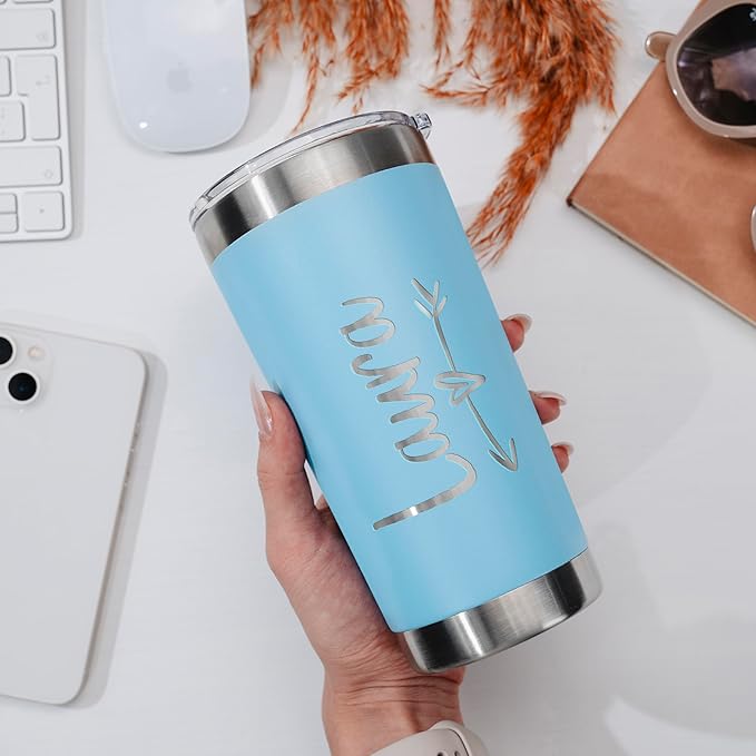 Personalized Tumbler with Engraved Name - 12 Designs, 20 Oz Coffee Tumbler with Slider Lid, Sky Blue, Double Wall Insulated - Custom Gifts for Women - Bloomnest
