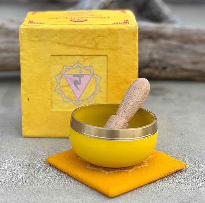 DharmaObjects Tibetan Solar Plexus Chakra Premium Palm Size Singing Bowl Gift Box Set - Bloomnest
