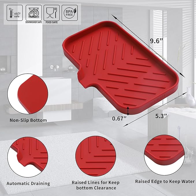 Silicone Bathroom Soap Dishes with Drain Spout-Bathroom and Kitchen Sink Organizer,Sponge Holder,Dish Soap Tray,Perfect for Dispenser,Scrubber,Bottle,Cup on Sink or Counter-Red 9.6"×5.3" - Bloomnest