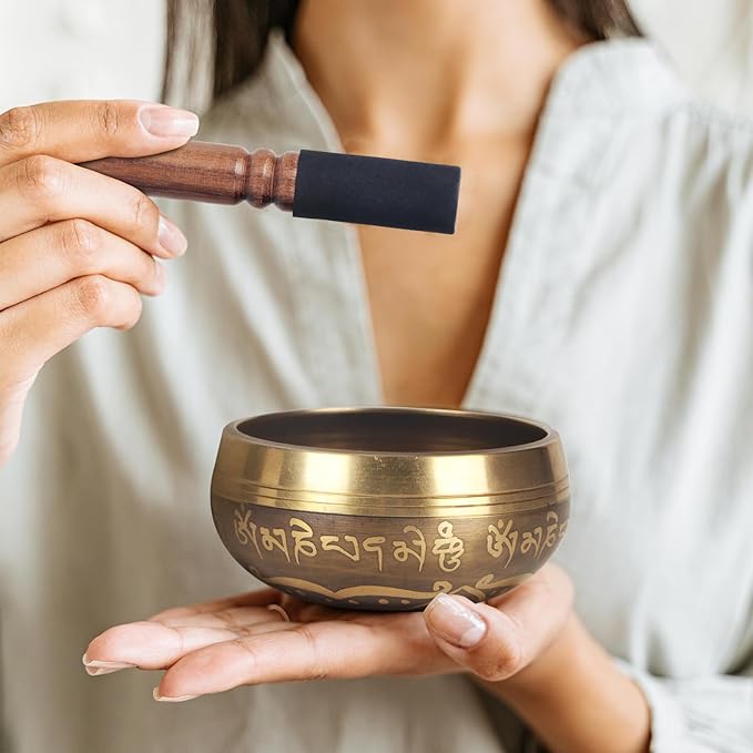 Kmise Tibetan Singing Bowls Set- Handmade in Nepal Meditation Sound Bowls for Yoga, Meditation, Mindfulness, Healing and Chakra Balancing, Stress Relief (3.5', Gold Flower) - Bloomnest