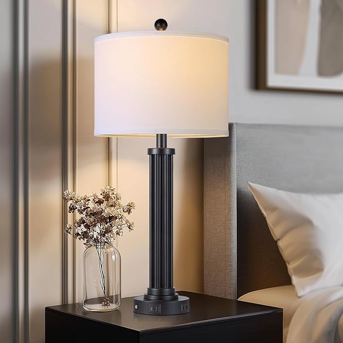 28" Tall Modern Table Lamps Set of 2 with USB C+A Ports and AC Outlet, 3 Way Touch Metal Bedside Lamps for Living Room, Black Nightstand Lamps for Bedroom - Bloomnest