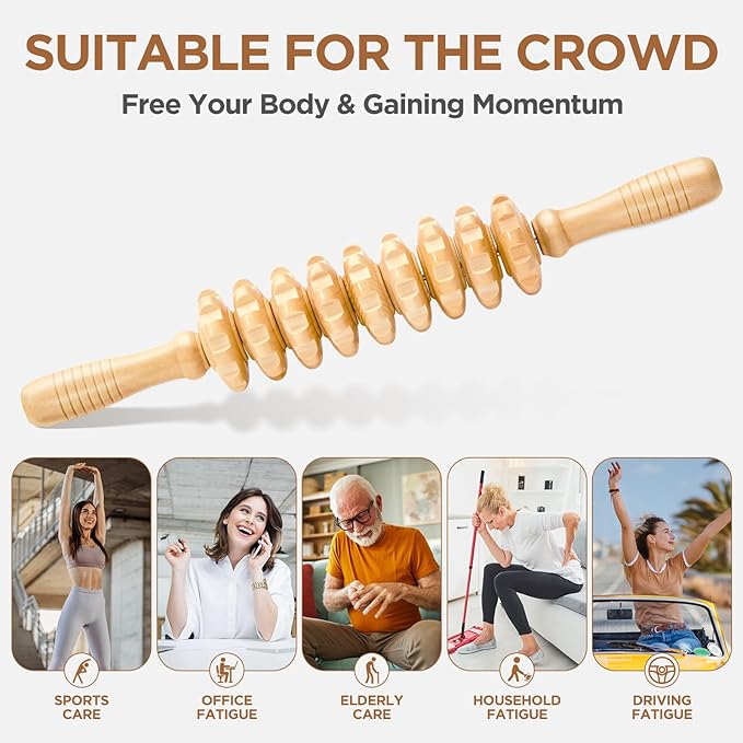 Wooden Cellulite Massage Roller for Legs and Thighs - Handheld Fascia Blaster Tool for Muscle Relief, Lymphatic Drainage & Body Sculpting - Anti Cellulite Massager for Women and Men (9 Wheel) - Bloomnest