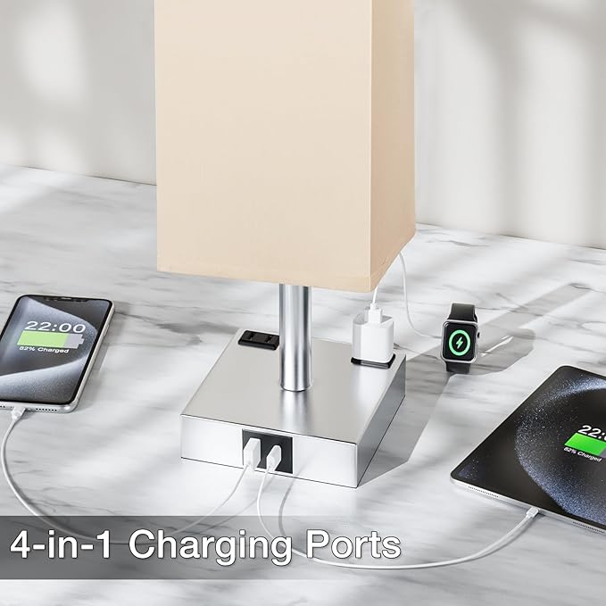 Touch Bedside Table Lamp for Nightstand - 3-Way Dimmable Night Lamp with USB A + Type C Charging Ports and Two AC Outlets, Small Desk Light with E26 LED Bulb for Bedroom Living Room Dorm Office - Bloomnest