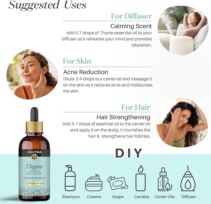 Avatra Thyme Essential Oil 100ML (3.38 OZ) with Glass Dropper and Travel Bottle, Pure and Natural Therapeutic Grade Thyme Oil for Diffuser, Aromatherapy, Massage, and DIY Candle Products - Bloomnest