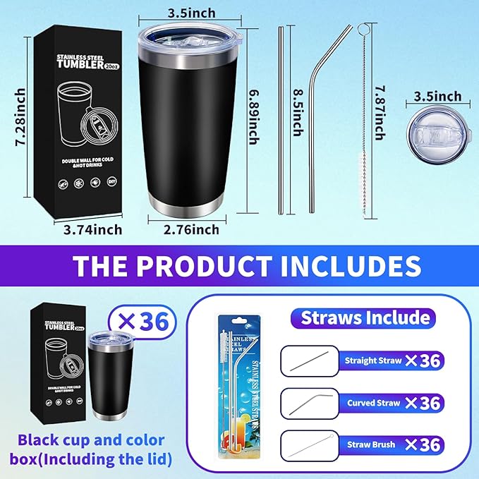 36 Pack, 20oz Stainless Steel Bulk Tumblers with Lids and Straws, Leakproof Double Wall Travel Mug for Hot/Cold Drinks, Home Office Outdoor Party Use, Durable Powder Coated Insulated Cup/Black - Bloomnest