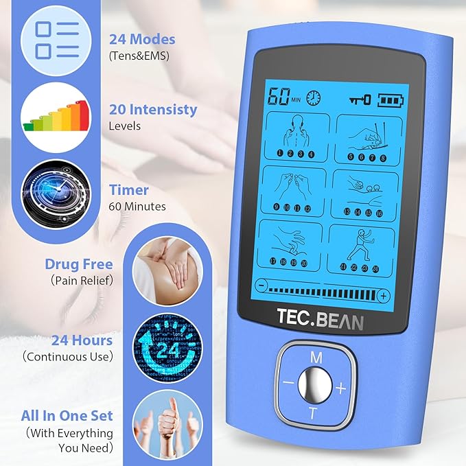 24 Modes Tens Unit Muscle Stimulator, Rechargeable Tens Machine with 8 Electrode Pads (American Gel), Electric Pulse Massager for Pain Relief Therapy（Blue） TECBEAN