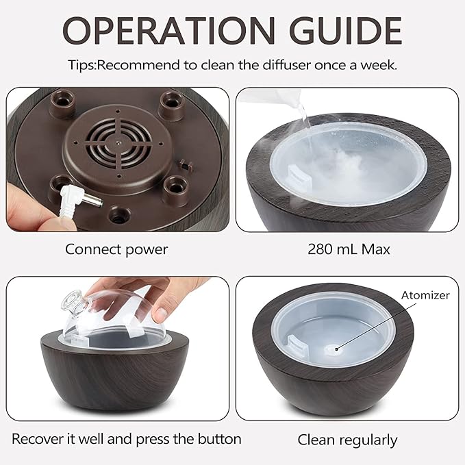 280ml Glass Essential Oil Diffuser Aromatherapy Diffusers Ultrasonic Cool Mist Humidifier with 2 Mist Modes & 7 Color LED Lights and Waterless Auto Shut-Off for Home Office Spa Bedroom,Dark Wood Grain - Bloomnest