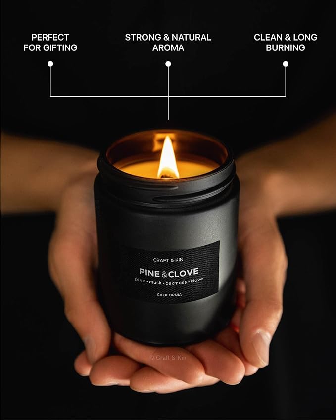 Craft & Kin Premium Pine & Clove Candle | Black Christmas Scented Candles for Home | Christmas Tree Candle | Long Lasting with 45 Hour Burn Time, 7.6oz | Soy Holiday Candles | Aromatherapy at Home - Bloomnest