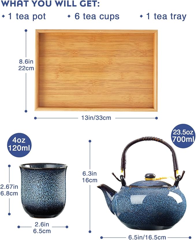 DUJUST Japanese Tea Set for 6, Kiln Altered Glaze Porcelain Tea Set with 1 Teapot, 6 Tea Cups & 1 Tea Tray, Unique Chinese Tea Sets for Adults/Tea Lovers/Women/Men, Blue - Bloomnest