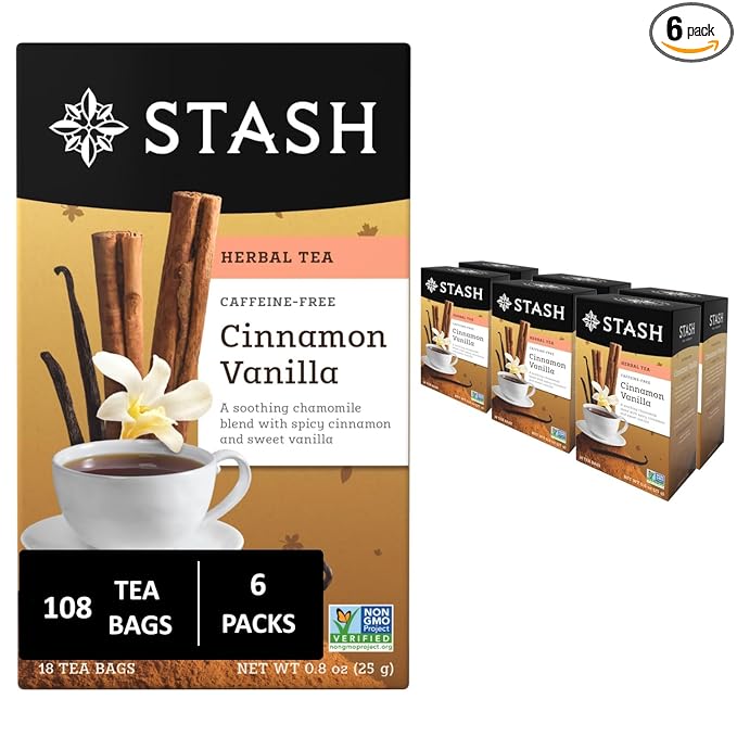 Stash Tea Cinnamon Vanilla Herbal Tea - Naturally Caffeine Free, Non-GMO Project Verified Premium Tea with No Artificial Ingredients, 18 Count (Pack of 6) - 108 Bags Total - Bloomnest