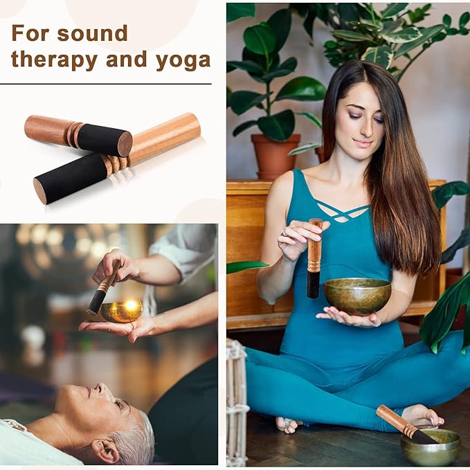Nuanchu 2 Pieces Tibetan Singing Bowl Mallet Suede Wooden Striker Leather Wrapped Meditation Mallet Sound Bowl Stick Buddha Musical Instruments for Buddhist Meditation Yoga Chime (Black and Brown) - Bloomnest