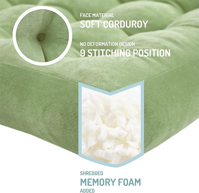 Degrees of Comfort Meditation Floor Pillow, Square Large Pillows Seating for Adults, Tufted Corduroy Cushion for Living Room Tatami, Green 22x22 Inch
