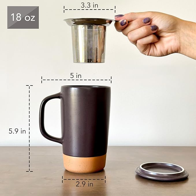 Mora Ceramics Large Tea Mug with Loose Leaf Infuser and Ceramic Lid, 18 oz, Portable, Microwave, Dishwasher Safe, Tall Coffee Cup - Rustic Matte Ceramic Glaze, Modern Herbal Tea Strainer, Nightwaves - Bloomnest
