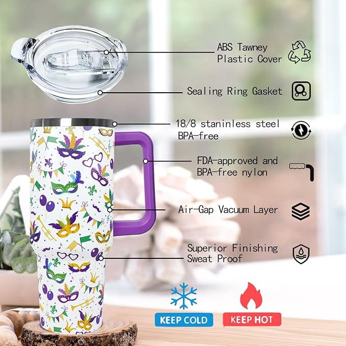 Ceovfoi 40 Oz Mardi Gras Tumbler with Lid and Straw,40 Oz Mardi Gras Coffee Mugs Water Bottles Wine Drinking GlassesTumbler with Straws,Margi Gras Decor,Margi Gras Gifts for Women - Bloomnest