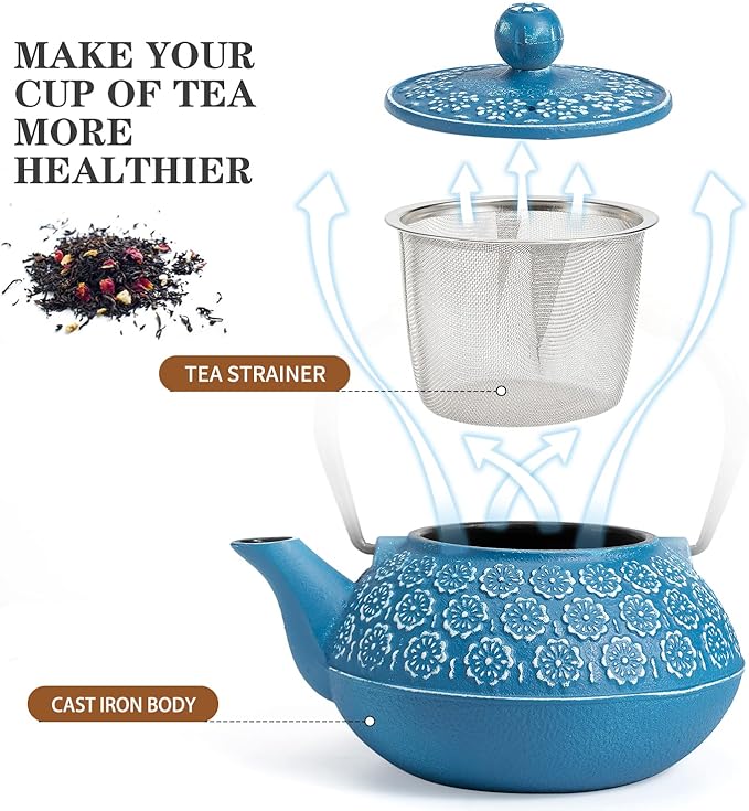 Sotya Cast Iron Teapot, 30oz/900ml Japanese Tetsubin Tea Pot with Infuser for Loose Leaf and Tea Bags, Tea Kettle Coated with Enameled Interior for Stove Top, Dark Blue - Bloomnest
