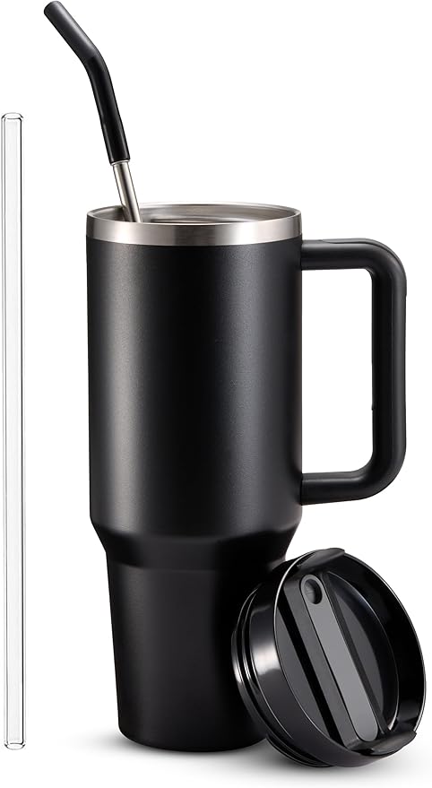 Kook Stainless Steel Tumbler, with Straw and Handle, Leakproof, Vacuum Insulated Travel Coffee Mug, Reusable Double Walled Water Bottle, Keeps Hot or Cold, 40 oz, Black - Bloomnest