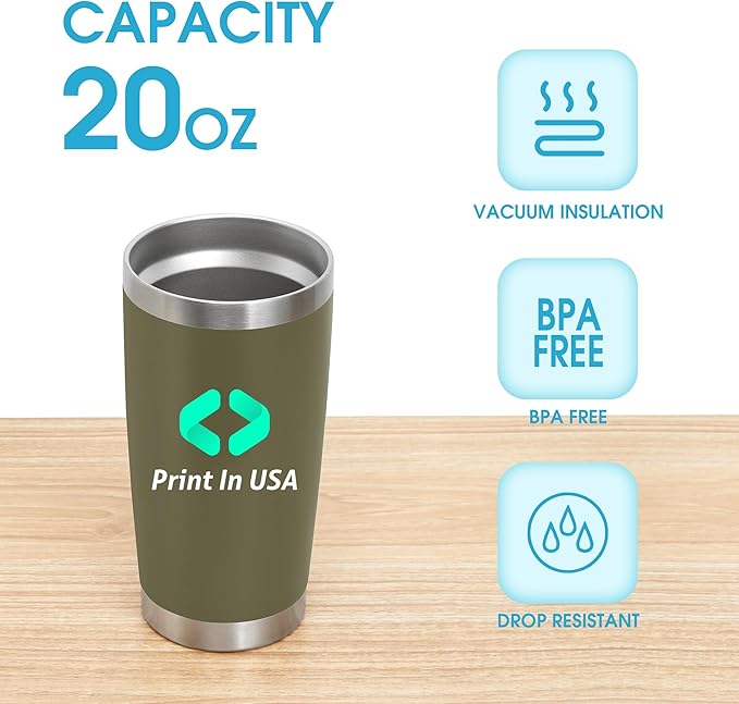 Personalized Custom Print in USA Tumbler 20oz Stainless Steel Double Wall Coffee Cup with Lid & Straw Insulated Tumbler with Colorful Text Logo Photo