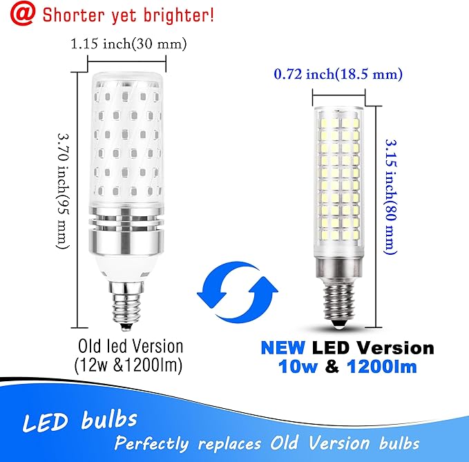 E12 100 Watt Equivalent LED Candelabra Bulbs 10W 6000K Daylight White 1200lm 120 Volt C7 T6 E12 LED Pendant Lights for Chandelier Ceiling Fan Corn Light Bulbs Salt Lamp, Non-dimmable, 4 Pack - Bloomnest