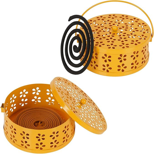 Portable Iron Mosquito Coil Holder with Handle Round Heat-Resistant Incense Holder (2 Pack Yellow) - Bloomnest