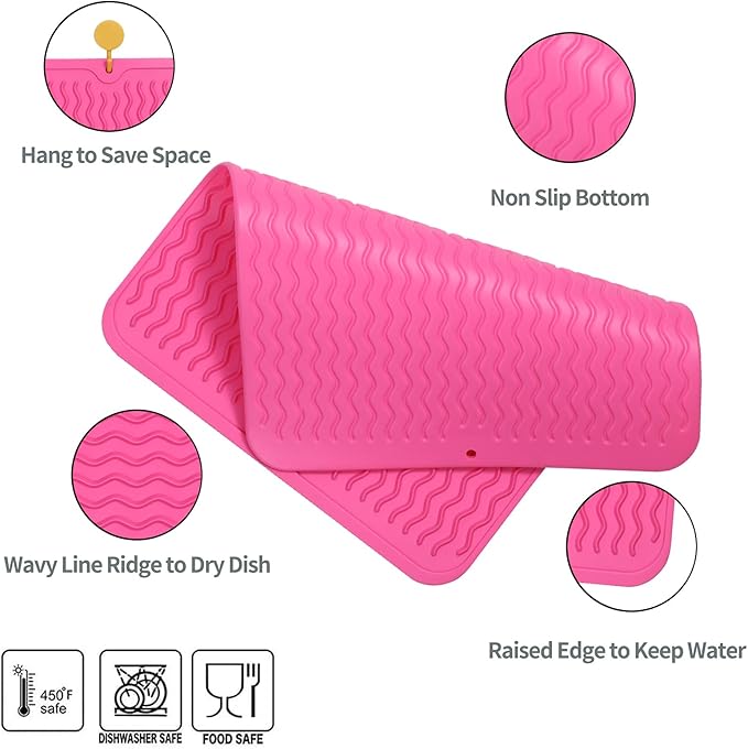 Silicone Dish Drying Mat for Multiple Usage,Easy clean,Eco-friendly,Heat-resistant Silicone Mat for Kitchen Counter or Sink,Refrigerator or drawer liner Rose L 16 inches x 12 inches - Bloomnest