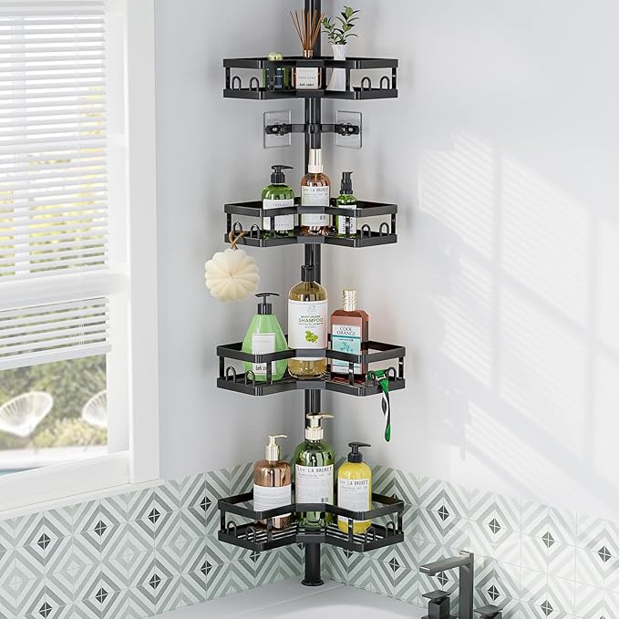 HEVEL Corner Shower Caddy Tension Pole, Adjustable Shower Organizer Corner 62-115 Inch, Rustproof Bathroom Storage Shower Shelves, Black - Bloomnest