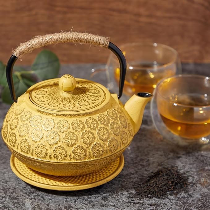 Juvale Japanese Cast Iron Teapot - Stainless-Steel Infuser & Loose Leaf Tea Pot - Superior Heat Retention Cast Iron Kettle - Elegant Floral Trivet For Home Tea Set - 800 ml, Yellow - Bloomnest