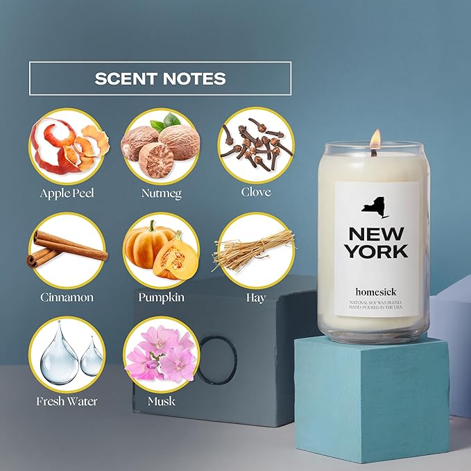 Homesick Scented Candles for Home (New York) - 13.75 oz Long-Lasting Soy Wax Jar Candle for Women & Men for All Occasions, 60-80 Hours Burn Time - Notes of Nutmeg, Cinnamon & Clove - Bloomnest