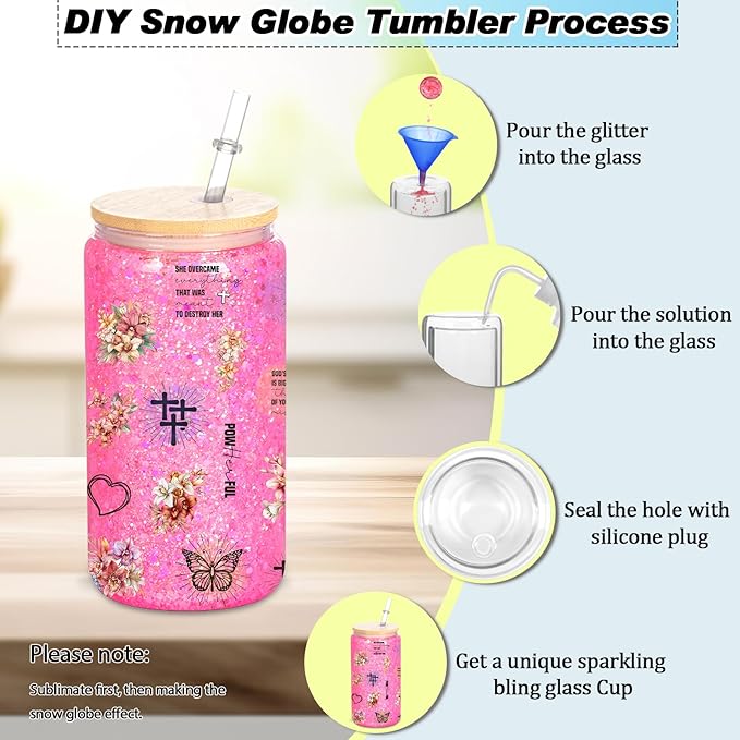 8 Pack 16 Oz Sublimation Snow Globe Tumbler, Snow Globe Cups with Pre Drilled Hole, Double Wall Beer Can Glass Mason Jar Mug with Bamboo Lids and Straws for Snowglobe DIY - Bloomnest