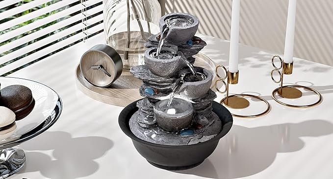 10.6inch Tabletop Fountain, Indoor Waterfall Fountains with LED Light, Realistic Rock Design for Soothing Ambiance in Bedrooms, Living Rooms, Offices, or Meditation Spaces - Bloomnest